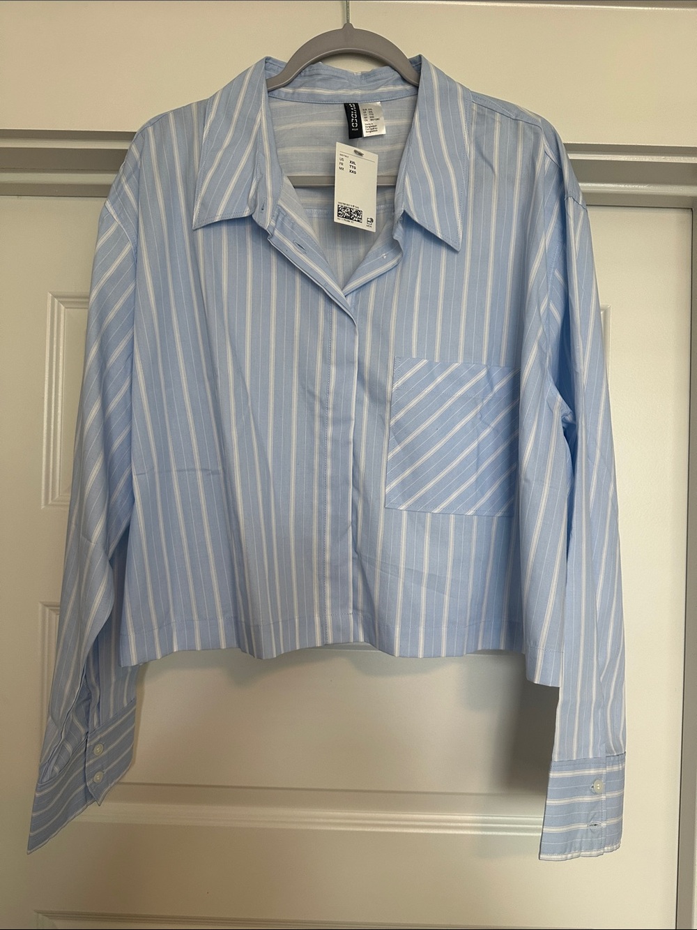 Divided Light Blue White Striped Crop Button-Up Top